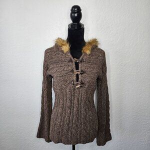 Old Navy Womens Brown Cable Knit hooded Sweater Faux Fur Trim SZ L Y2K